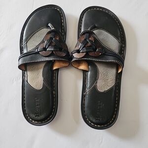 Born Black Leather Slide Sandals with Brown Accents